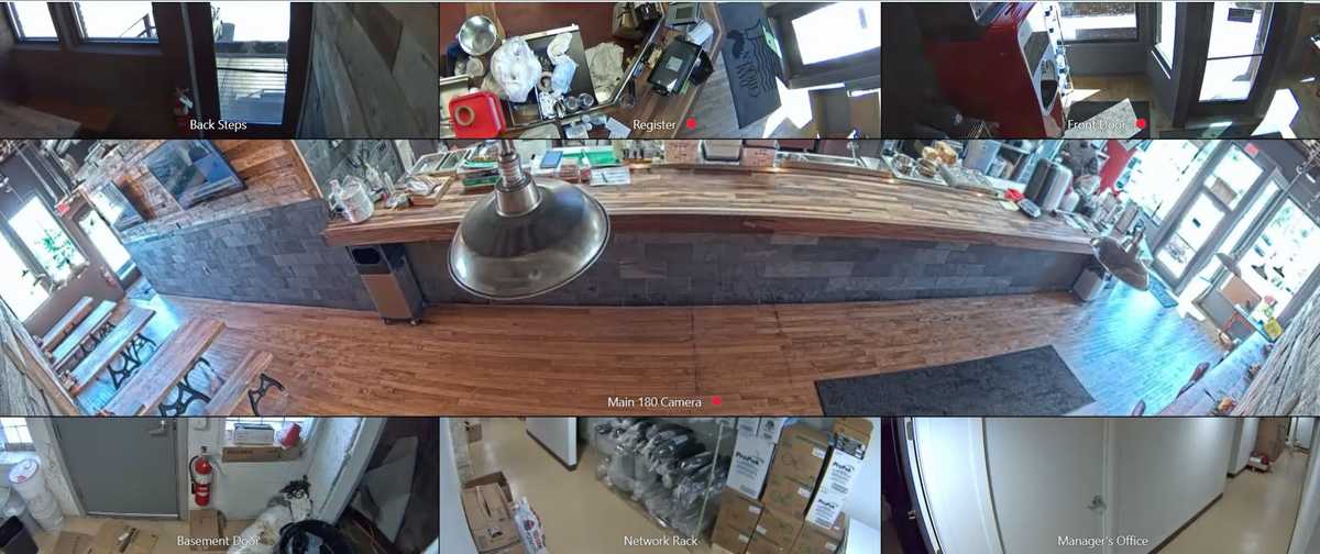 Security camera footage viewed through the Axis web portal, featuring a 180-degree view